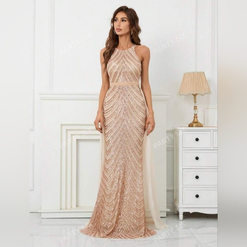 Glamorous Backless Sequin Gown - Champagne - Picture 3 of 15